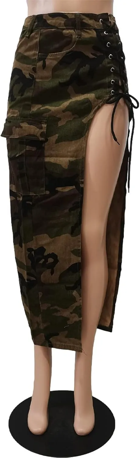 Angsuttc Cargo Skirt for Women Camo Skirts High Slit Button Maxi Skirt with Pockets