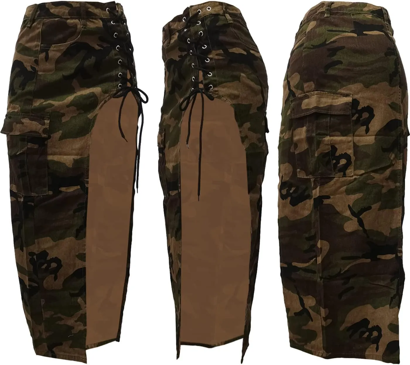 Angsuttc Cargo Skirt for Women Camo Skirts High Slit Button Maxi Skirt with Pockets