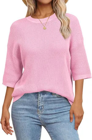 Arach&Cloz 2025 Women's Cotton Spring Summer Crochet Tops Crew Neck Half Elbow Sleeve Loose Fit Shirts Knit Casual Outfits