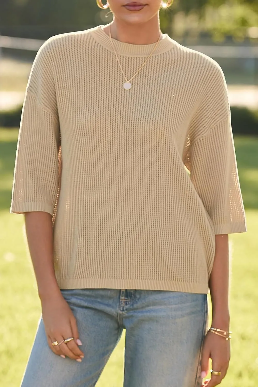 Arach&Cloz 2025 Women's Cotton Spring Summer Crochet Tops Crew Neck Half Elbow Sleeve Loose Fit Shirts Knit Casual Outfits