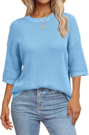 Arach&Cloz 2025 Women's Cotton Spring Summer Crochet Tops Crew Neck Half Elbow Sleeve Loose Fit Shirts Knit Casual Outfits