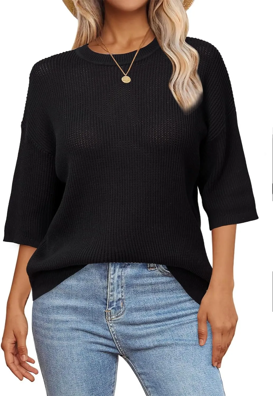 Arach&Cloz 2025 Women's Cotton Spring Summer Crochet Tops Crew Neck Half Elbow Sleeve Loose Fit Shirts Knit Casual Outfits
