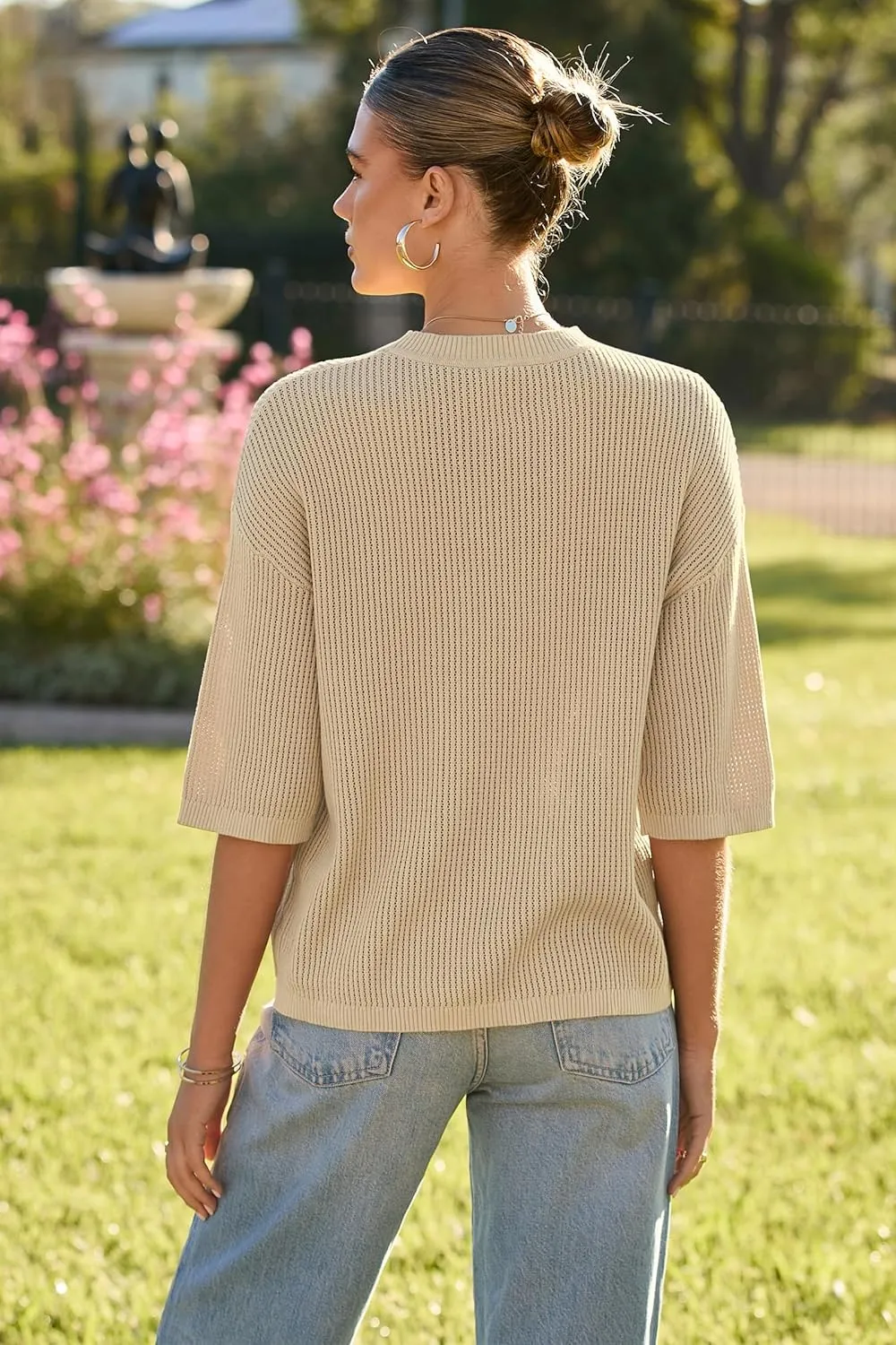 Arach&Cloz 2025 Women's Cotton Spring Summer Crochet Tops Crew Neck Half Elbow Sleeve Loose Fit Shirts Knit Casual Outfits