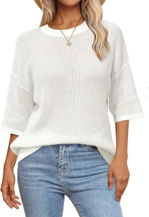 Arach&Cloz 2025 Women's Cotton Spring Summer Crochet Tops Crew Neck Half Elbow Sleeve Loose Fit Shirts Knit Casual Outfits