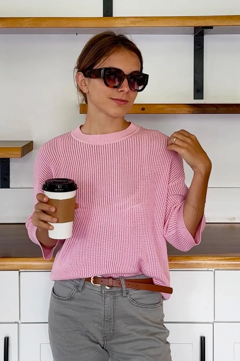Arach&Cloz 2025 Women's Cotton Spring Summer Crochet Tops Crew Neck Half Elbow Sleeve Loose Fit Shirts Knit Casual Outfits