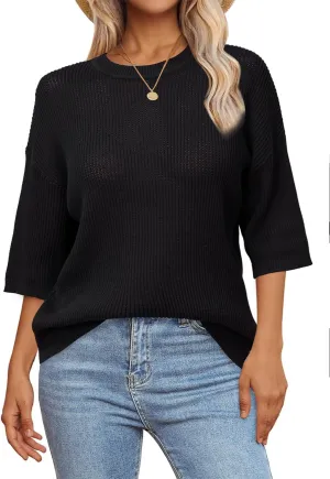 Arach&Cloz 2025 Women's Cotton Spring Summer Crochet Tops Crew Neck Half Elbow Sleeve Loose Fit Shirts Knit Casual Outfits