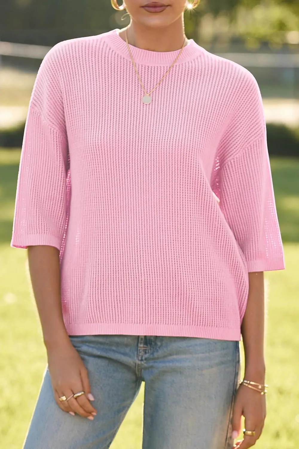 Arach&Cloz 2025 Women's Cotton Spring Summer Crochet Tops Crew Neck Half Elbow Sleeve Loose Fit Shirts Knit Casual Outfits