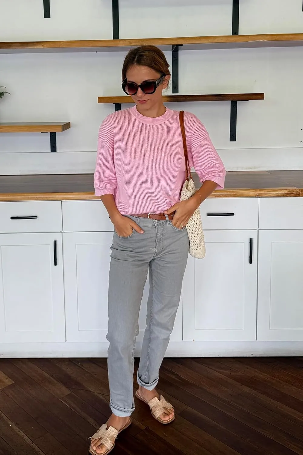 Arach&Cloz 2025 Women's Cotton Spring Summer Crochet Tops Crew Neck Half Elbow Sleeve Loose Fit Shirts Knit Casual Outfits