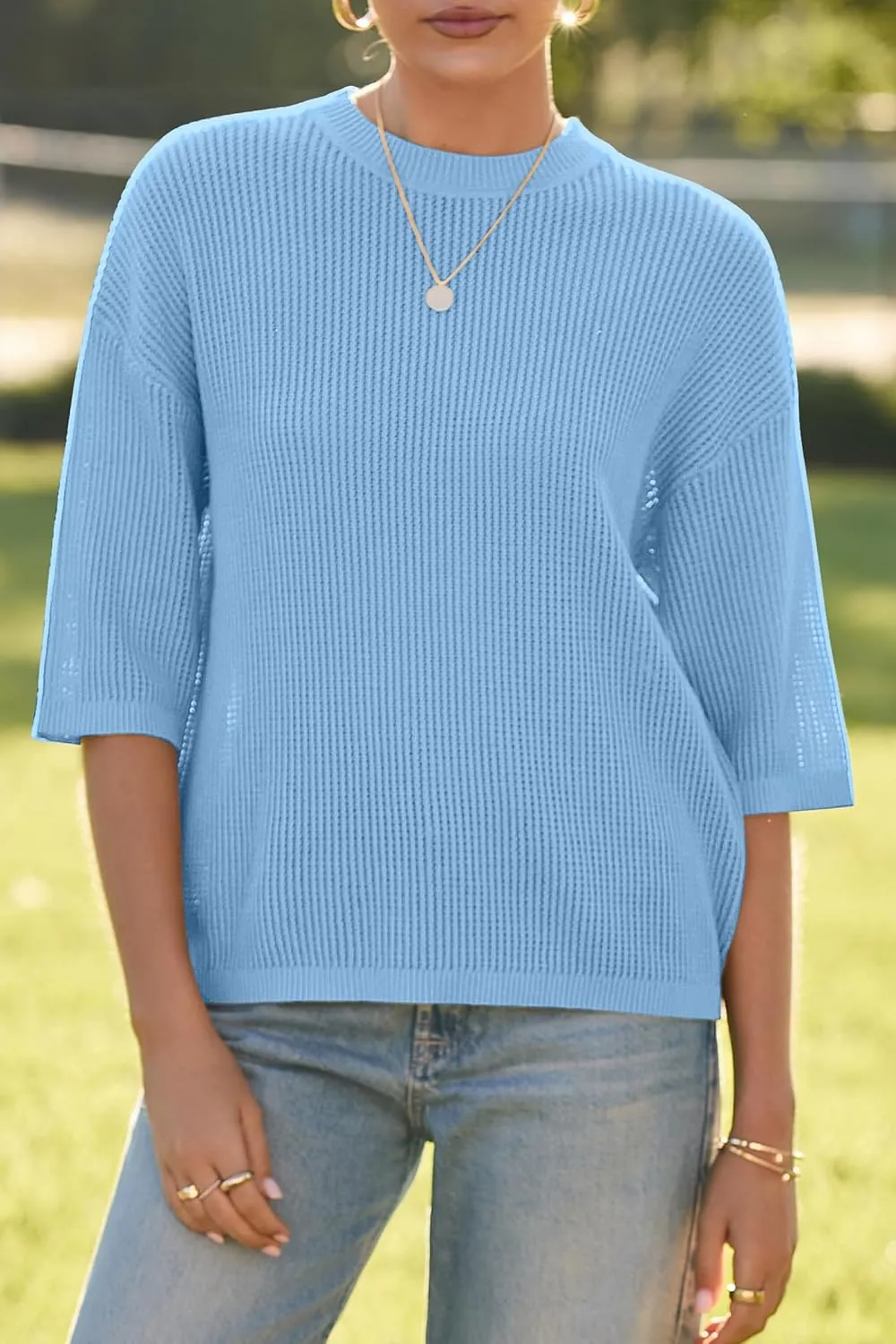 Arach&Cloz 2025 Women's Cotton Spring Summer Crochet Tops Crew Neck Half Elbow Sleeve Loose Fit Shirts Knit Casual Outfits