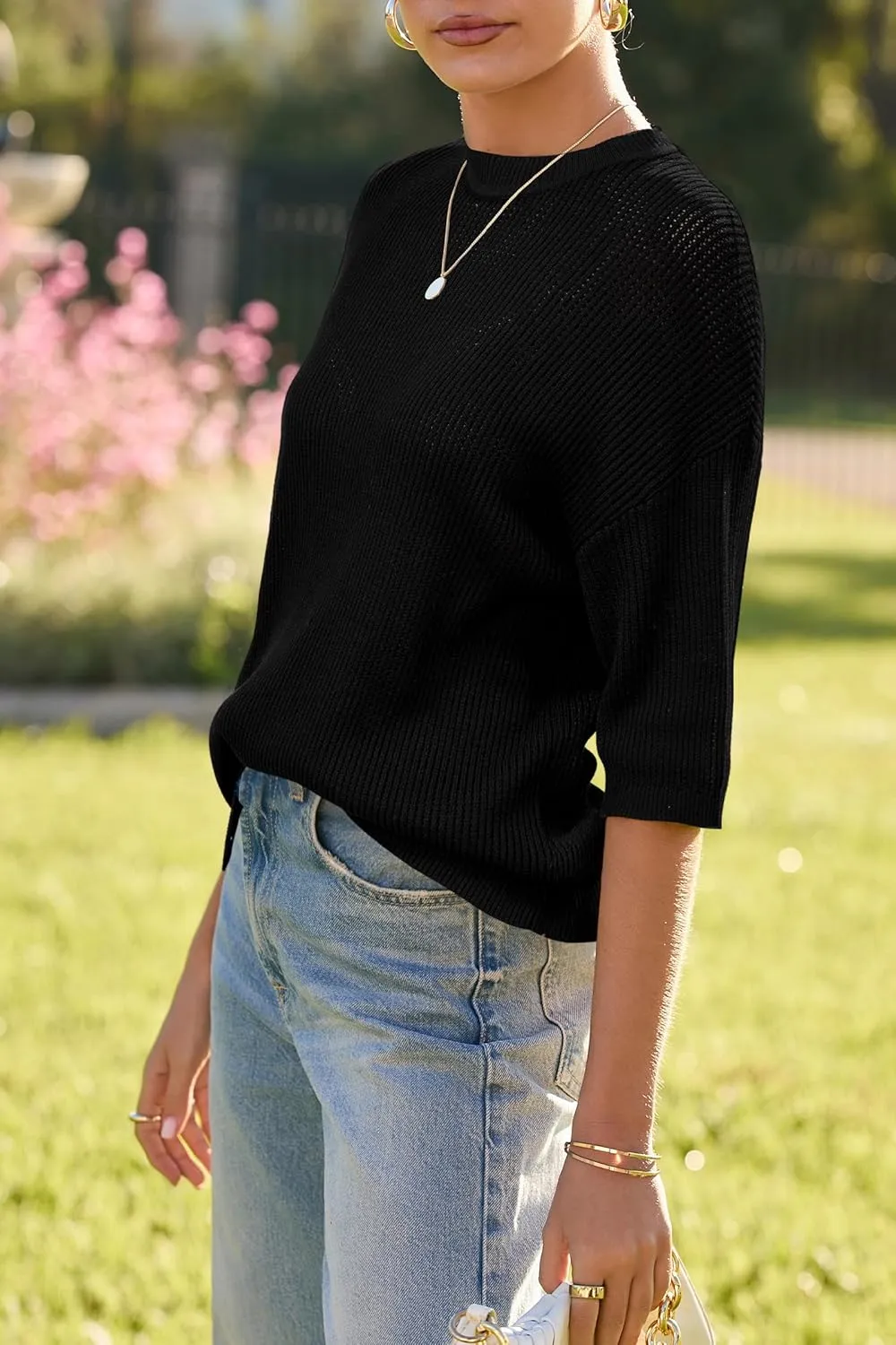 Arach&Cloz 2025 Women's Cotton Spring Summer Crochet Tops Crew Neck Half Elbow Sleeve Loose Fit Shirts Knit Casual Outfits