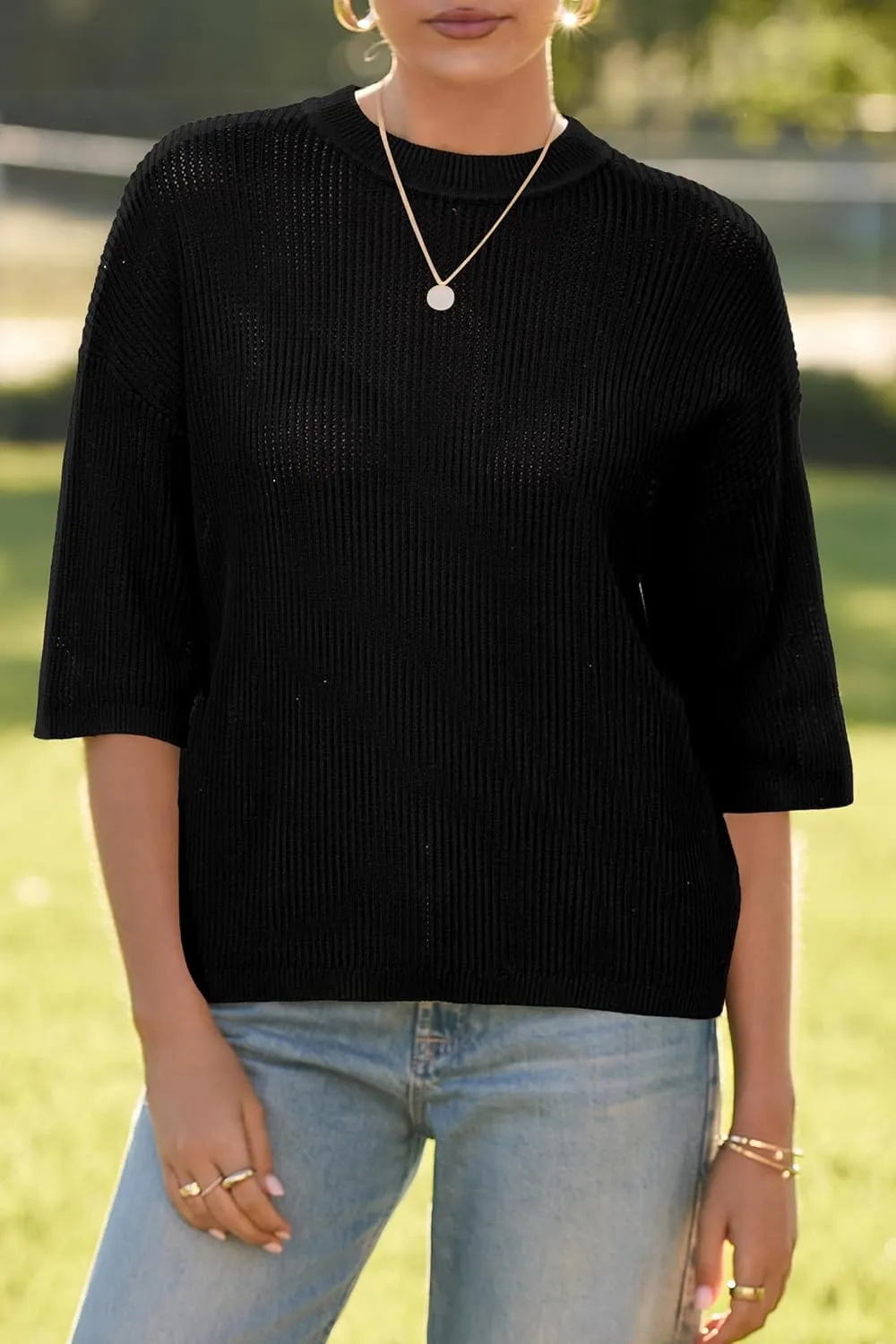 Arach&Cloz 2025 Women's Cotton Spring Summer Crochet Tops Crew Neck Half Elbow Sleeve Loose Fit Shirts Knit Casual Outfits