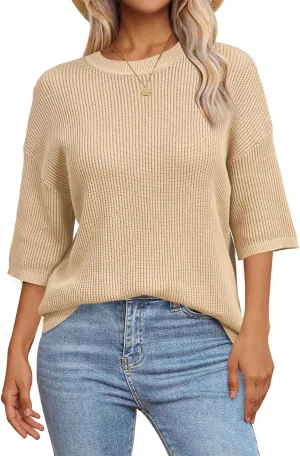 Arach&Cloz 2025 Women's Cotton Spring Summer Crochet Tops Crew Neck Half Elbow Sleeve Loose Fit Shirts Knit Casual Outfits