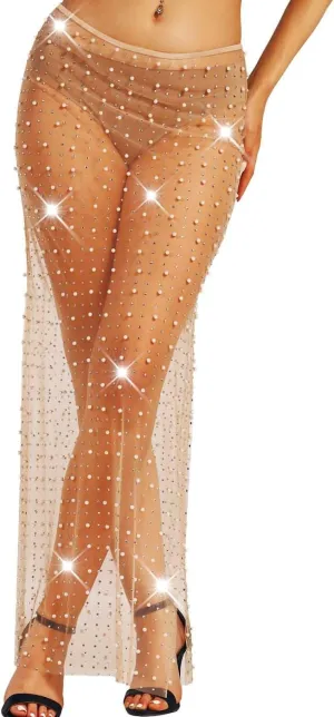 Asooll Pearl Rhinestone Skirt Light Skin Tone Side Split Maxi Skirts Long See-Through Mesh Costume for Women Beige