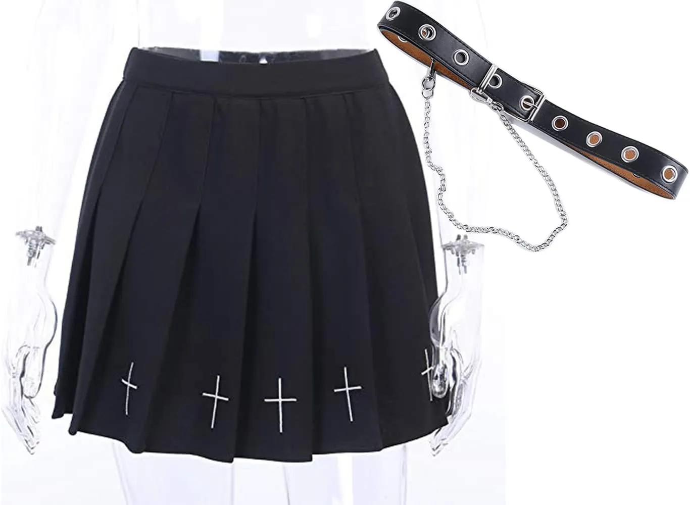 AULKEEP Womens Black Mini Pleated Skirts Goth High Waist A Line Punk Skirt School Uniform Short Skirts with Belt