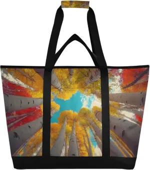 Autumn Tree Yellow Red Large Insulated Reusable Tote Bag for Grocery Shopping for Women Men, Cooler Bag with Zippered Top & Handles for Travel Beach Picnic