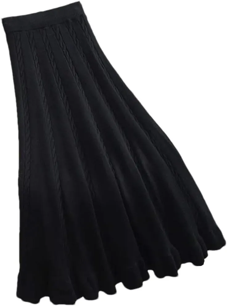 Autumn Winter Pleated Long Skirts for Women Vintage Elastic A-Line High Waist Knitted Skirt Elegant Simple Midi Skirt