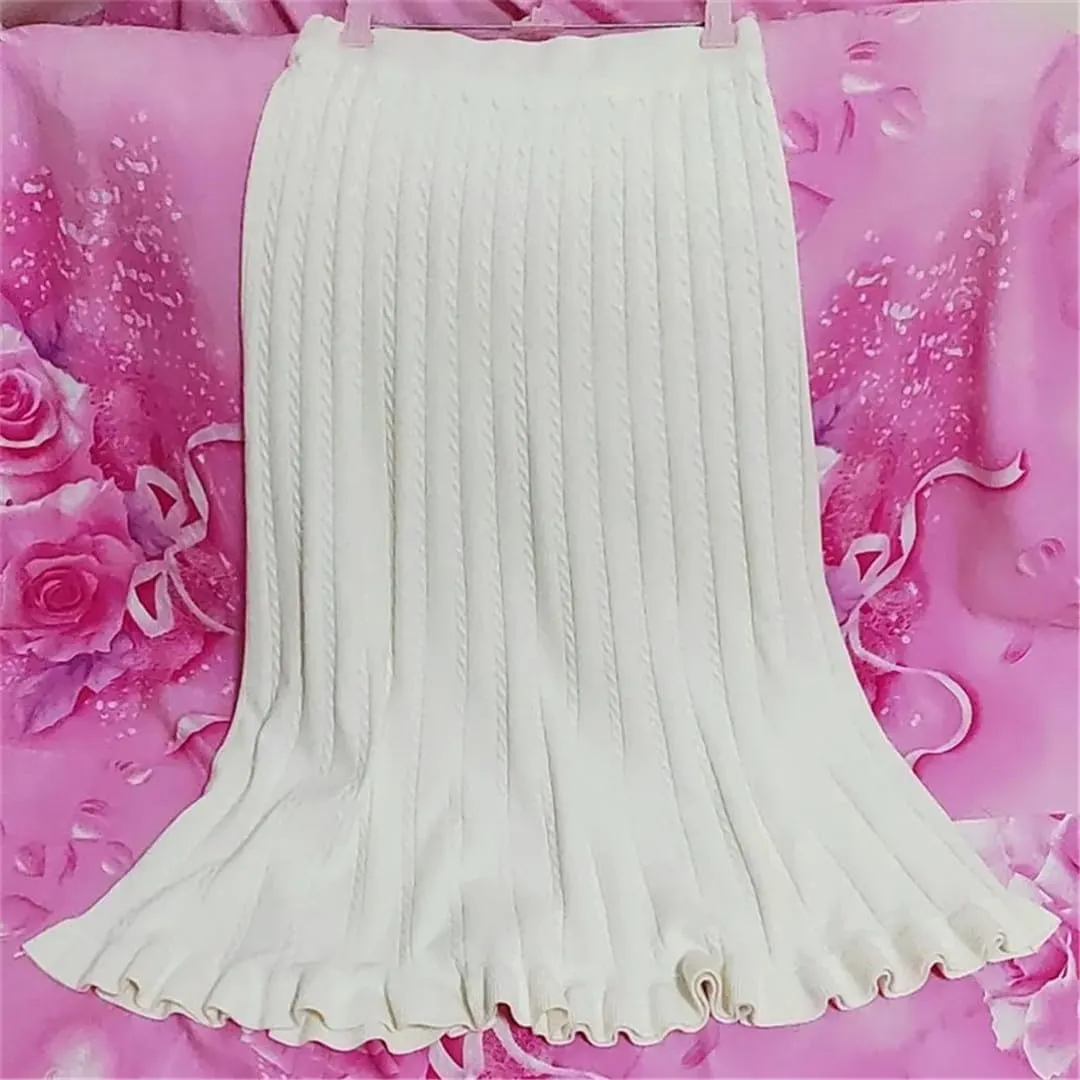 Autumn Winter Pleated Long Skirts for Women Vintage Elastic A-Line High Waist Knitted Skirt Elegant Simple Midi Skirt