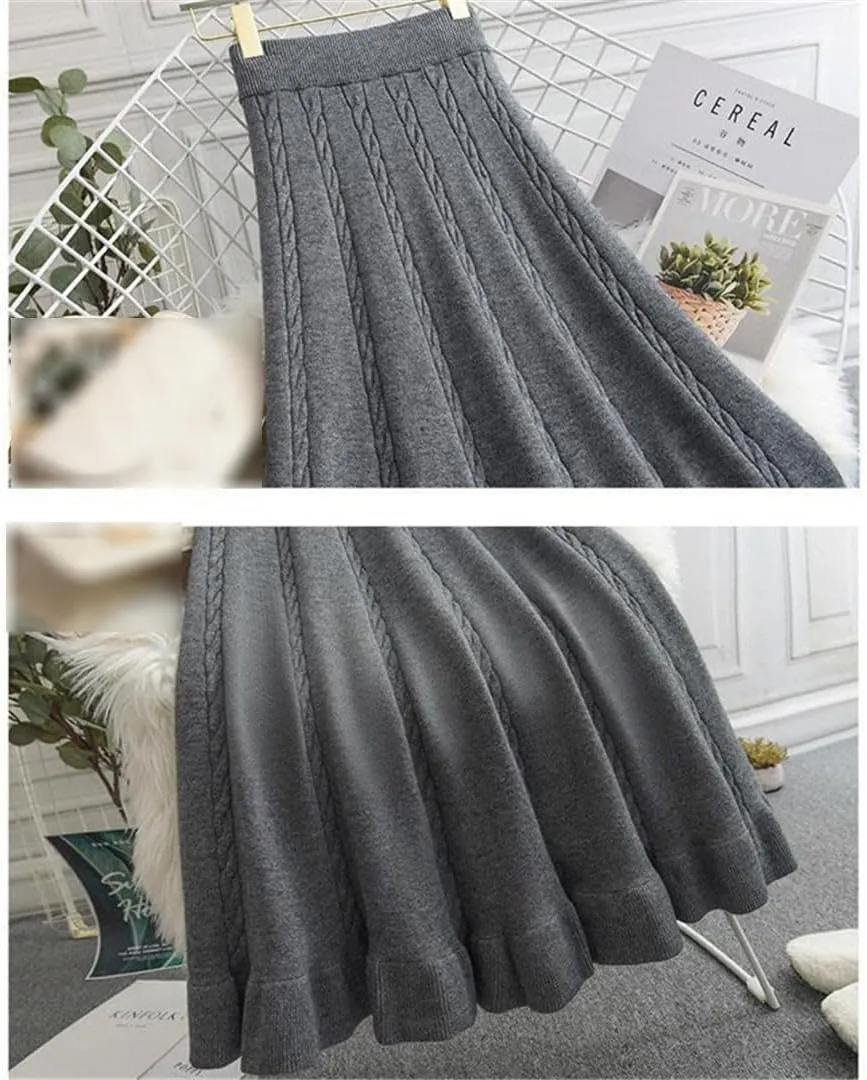 Autumn Winter Pleated Long Skirts for Women Vintage Elastic A-Line High Waist Knitted Skirt Elegant Simple Midi Skirt