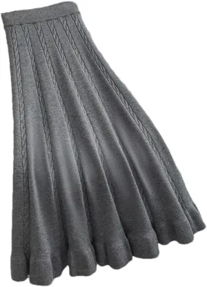 Autumn Winter Pleated Long Skirts for Women Vintage Elastic A-Line High Waist Knitted Skirt Elegant Simple Midi Skirt