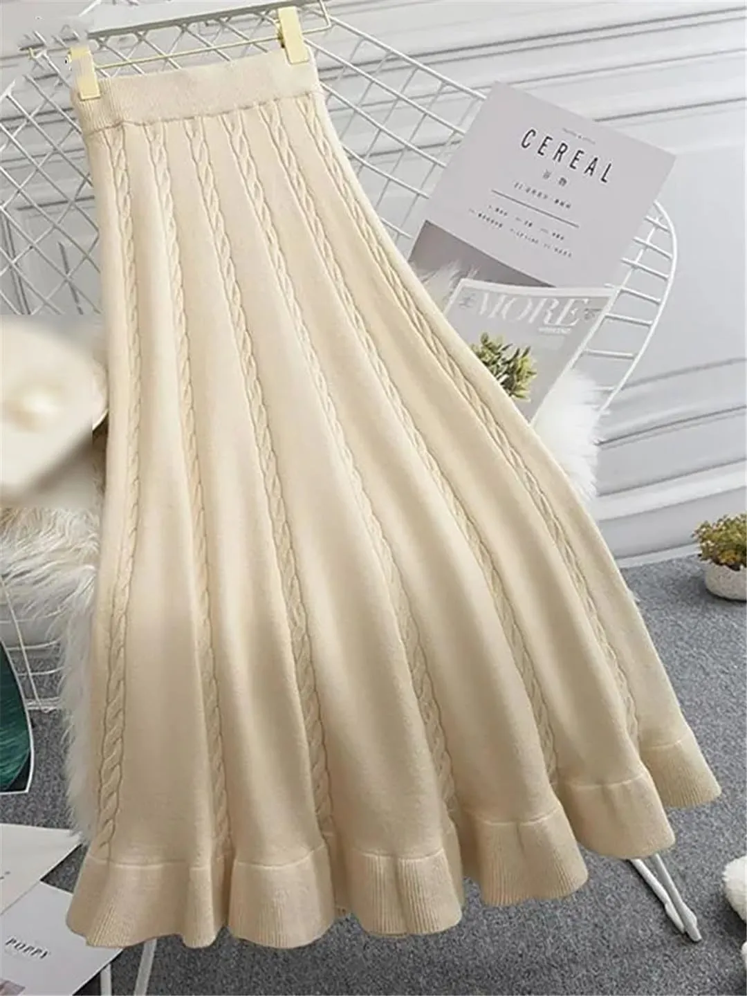 Autumn Winter Pleated Long Skirts for Women Vintage Elastic A-Line High Waist Knitted Skirt Elegant Simple Midi Skirt