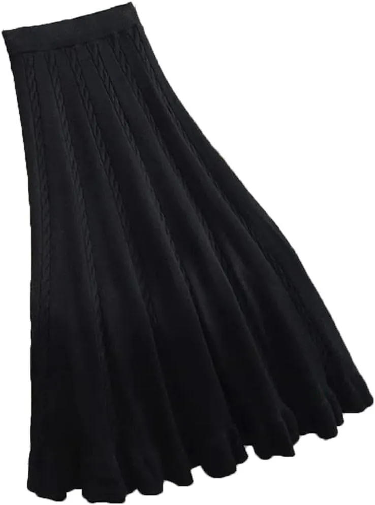 Autumn Winter Pleated Long Skirts for Women Vintage Elastic A-Line High Waist Knitted Skirt Elegant Simple Midi Skirt