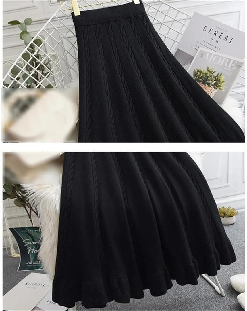 Autumn Winter Pleated Long Skirts for Women Vintage Elastic A-Line High Waist Knitted Skirt Elegant Simple Midi Skirt