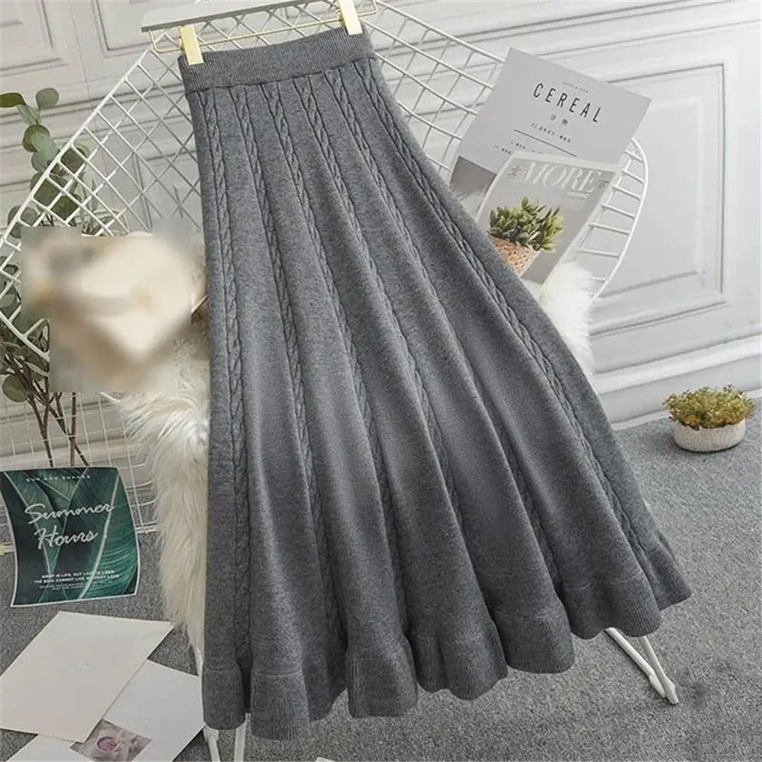 Autumn Winter Pleated Long Skirts for Women Vintage Elastic A-Line High Waist Knitted Skirt Elegant Simple Midi Skirt