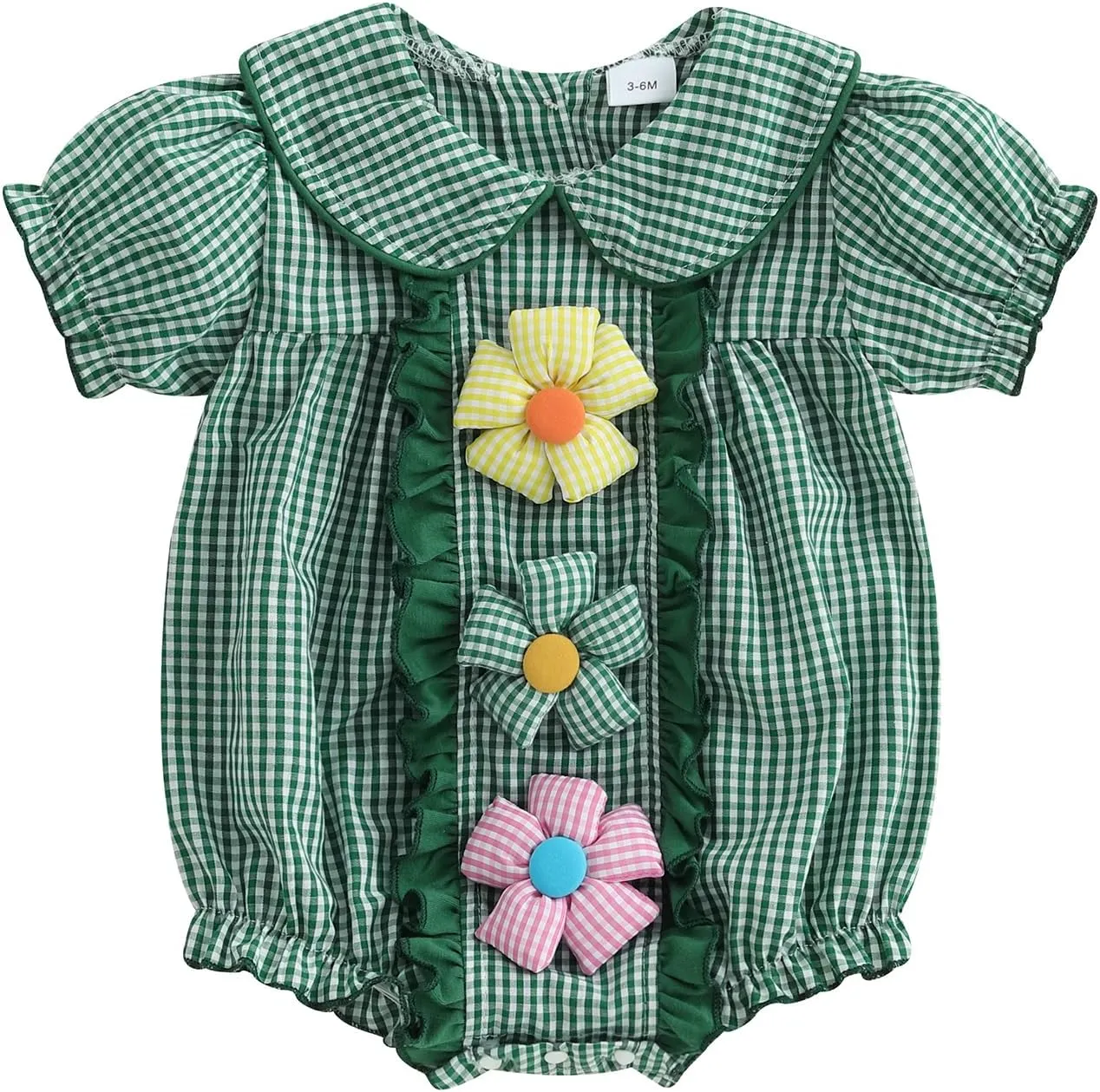 Baby Girls Doll Collar Rompers 3D Flower Decor Plaid Short Sleeve Infant Bodysuits Jumpsuits
