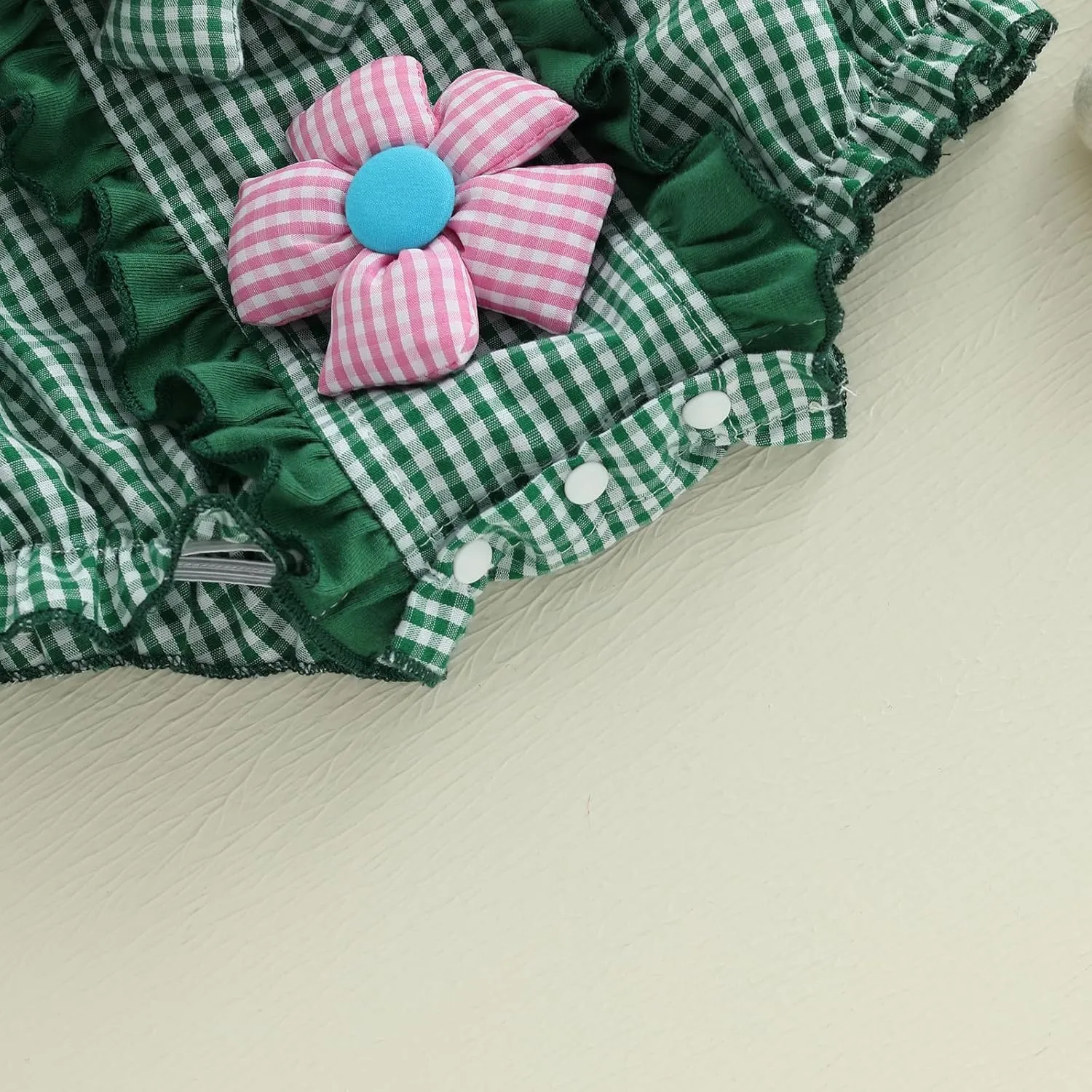 Baby Girls Doll Collar Rompers 3D Flower Decor Plaid Short Sleeve Infant Bodysuits Jumpsuits