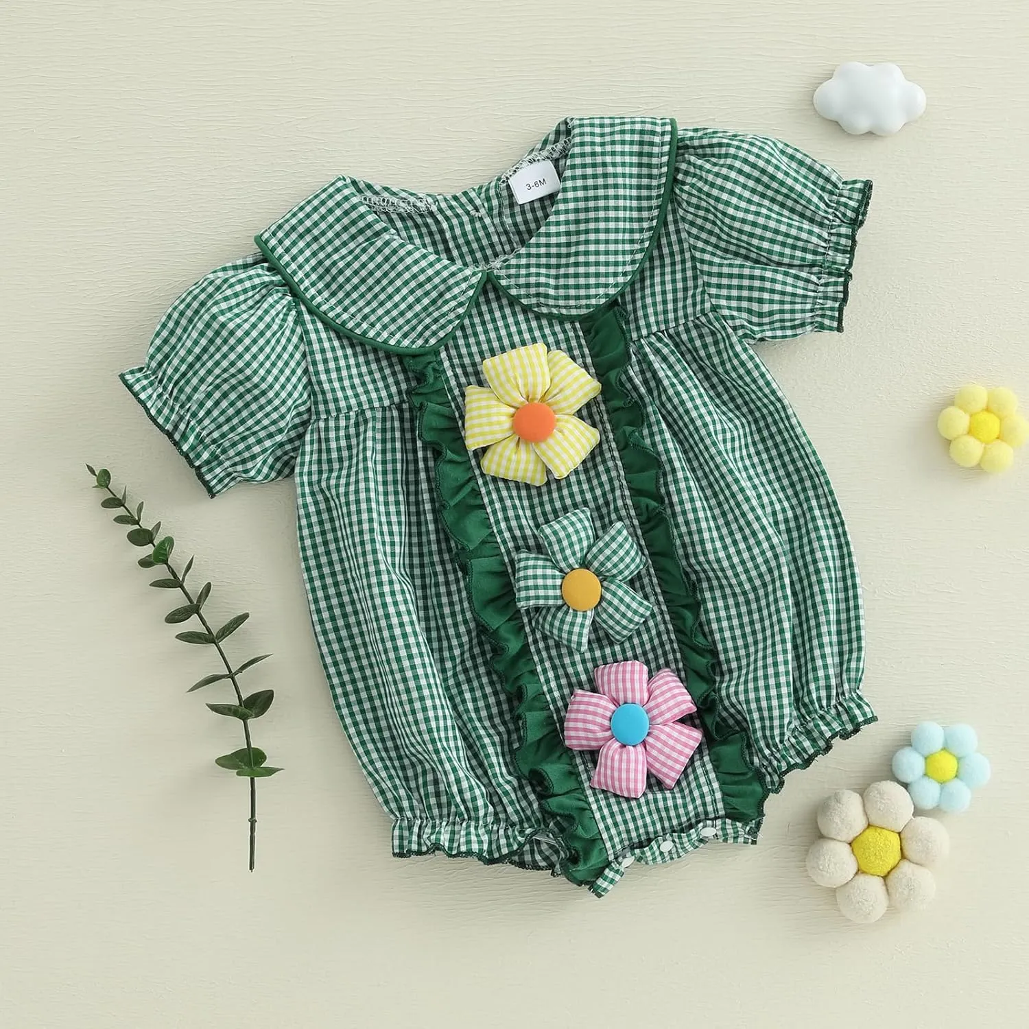 Baby Girls Doll Collar Rompers 3D Flower Decor Plaid Short Sleeve Infant Bodysuits Jumpsuits