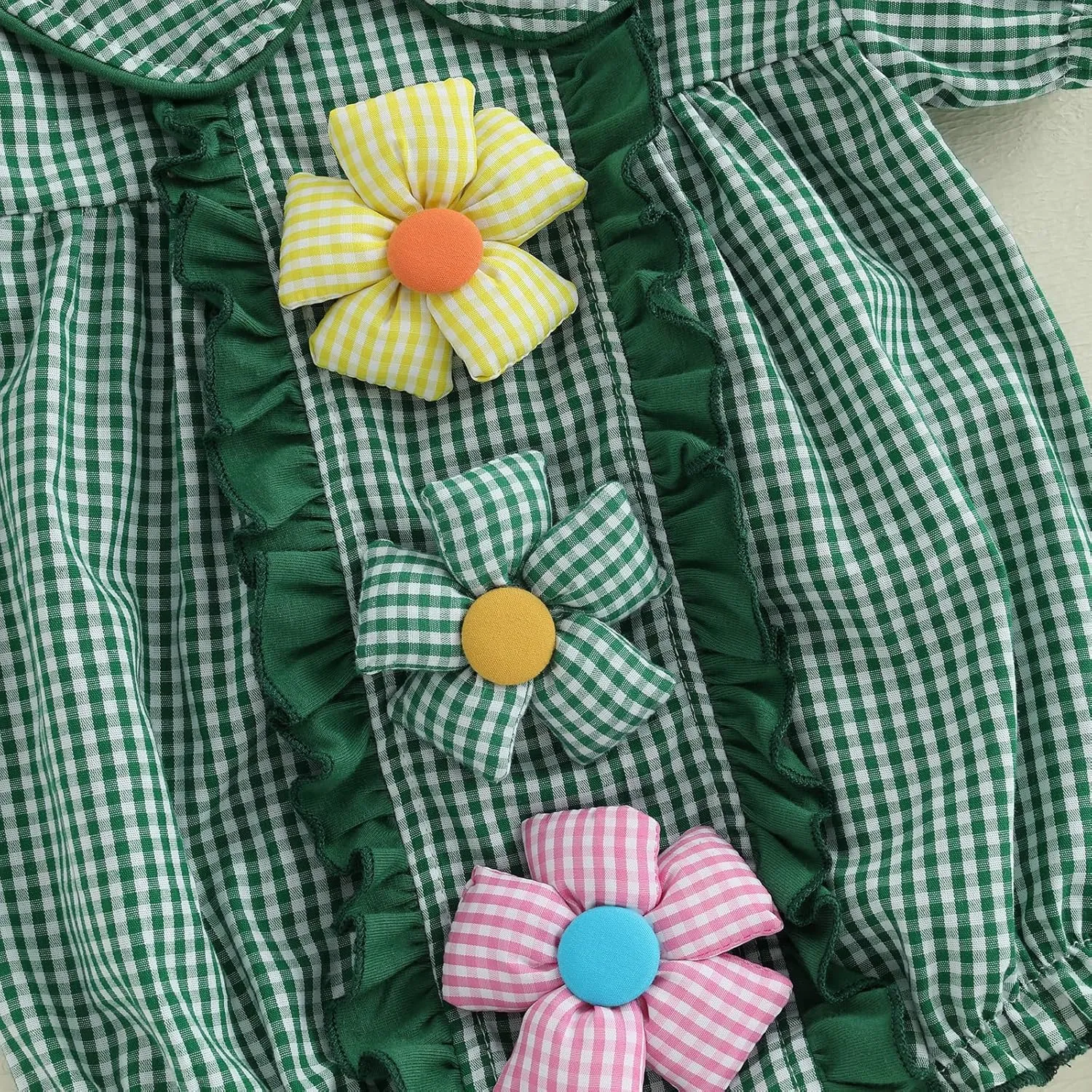 Baby Girls Doll Collar Rompers 3D Flower Decor Plaid Short Sleeve Infant Bodysuits Jumpsuits