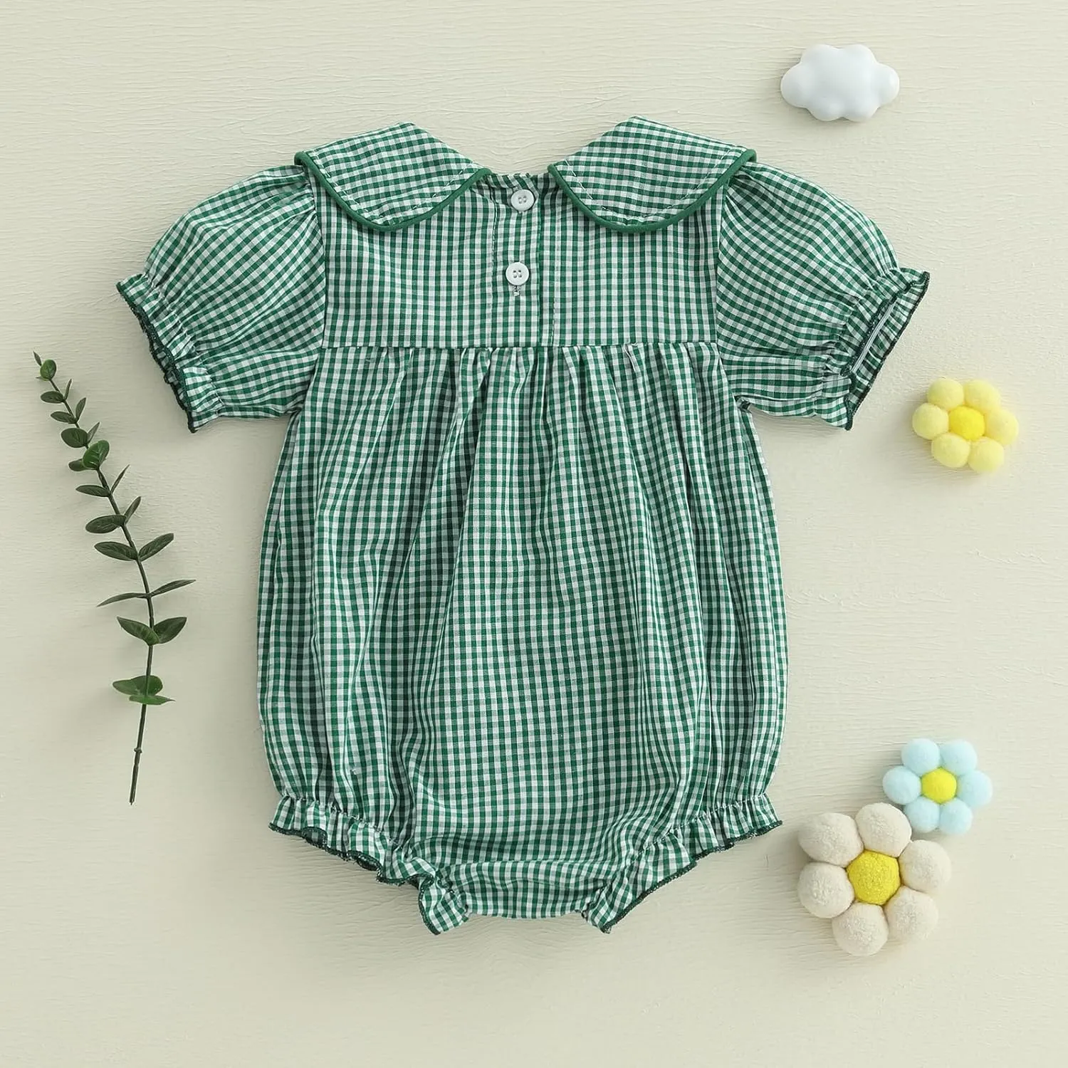Baby Girls Doll Collar Rompers 3D Flower Decor Plaid Short Sleeve Infant Bodysuits Jumpsuits