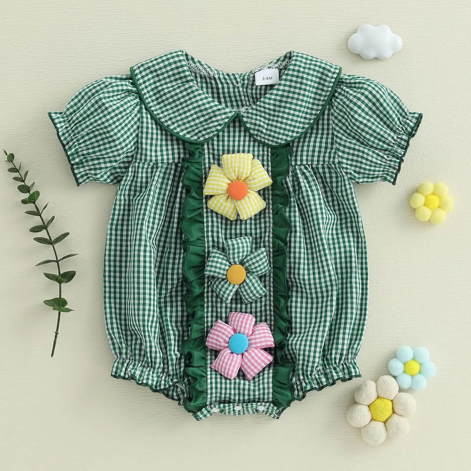 Baby Girls Doll Collar Rompers 3D Flower Decor Plaid Short Sleeve Infant Bodysuits Jumpsuits