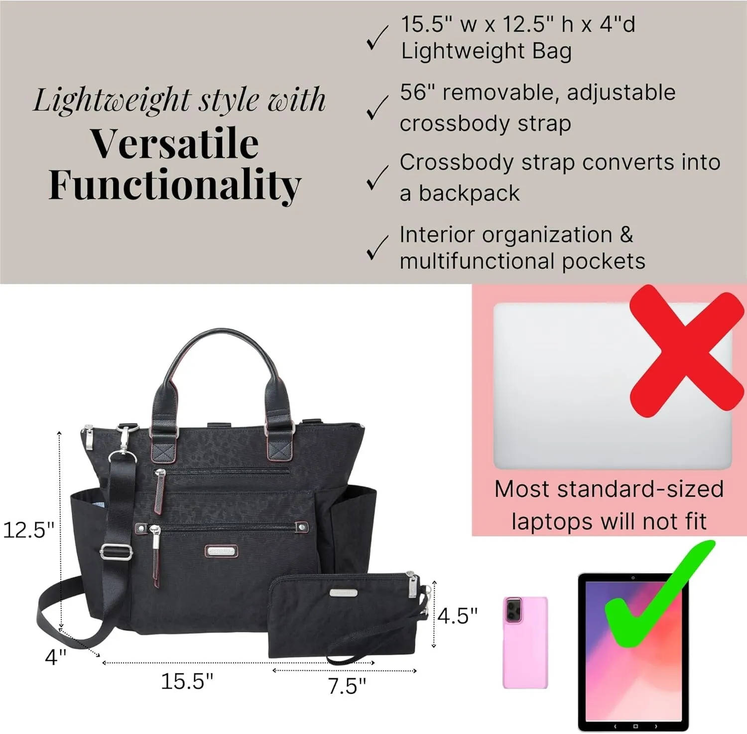 Baggallini 3-in-1 Convertible Backpack Handbag 15x12 Lightweight Travel Bag Crossbody Zippered Tote W/RFID Phone Wristlet