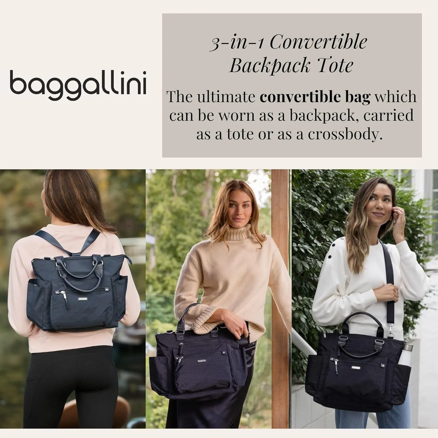 Baggallini 3-in-1 Convertible Backpack with RFID Phone Wristlet French Navy One Size