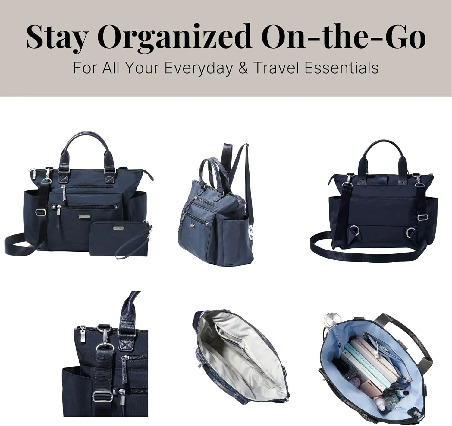 Baggallini 3-in-1 Convertible Backpack with RFID Phone Wristlet French Navy One Size