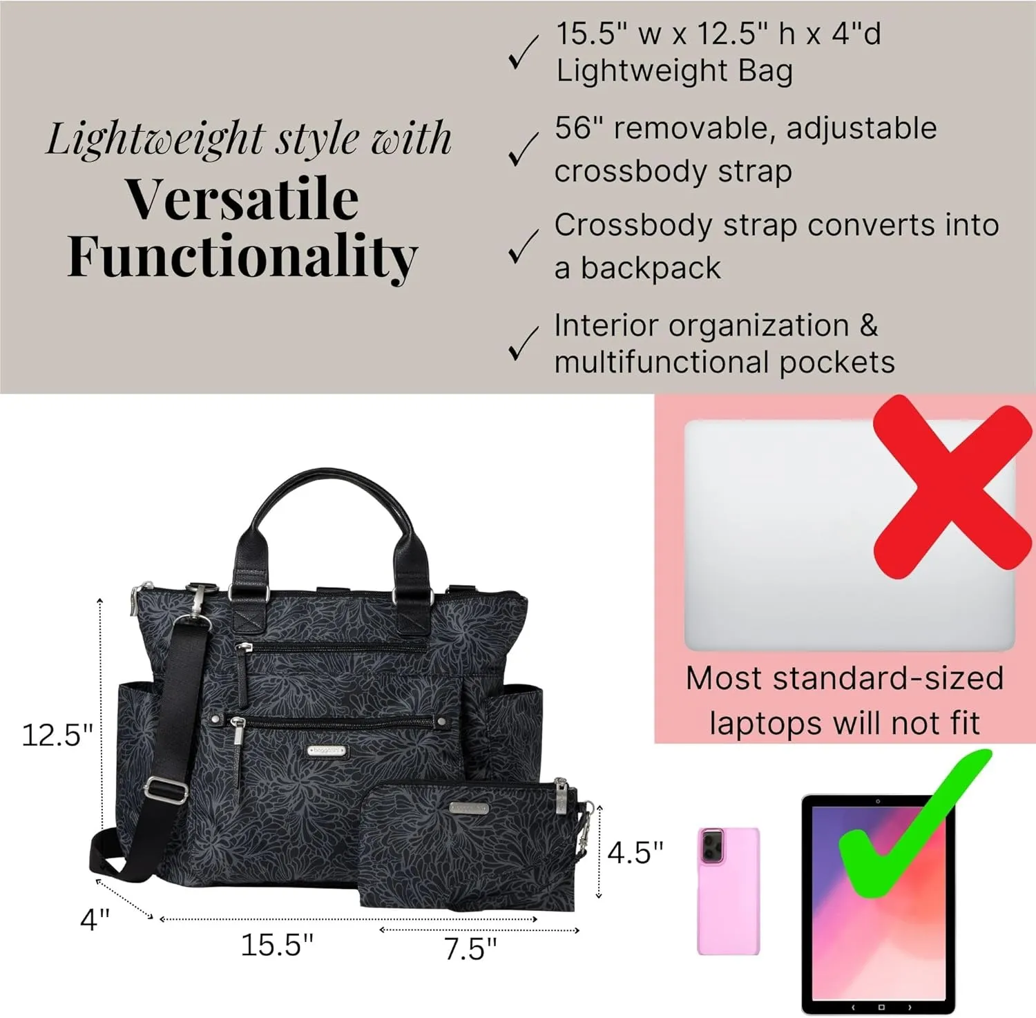 Baggallini 3-in-1 Convertible Backpack with RFID Phone Wristlet Midnight Blossom One Size