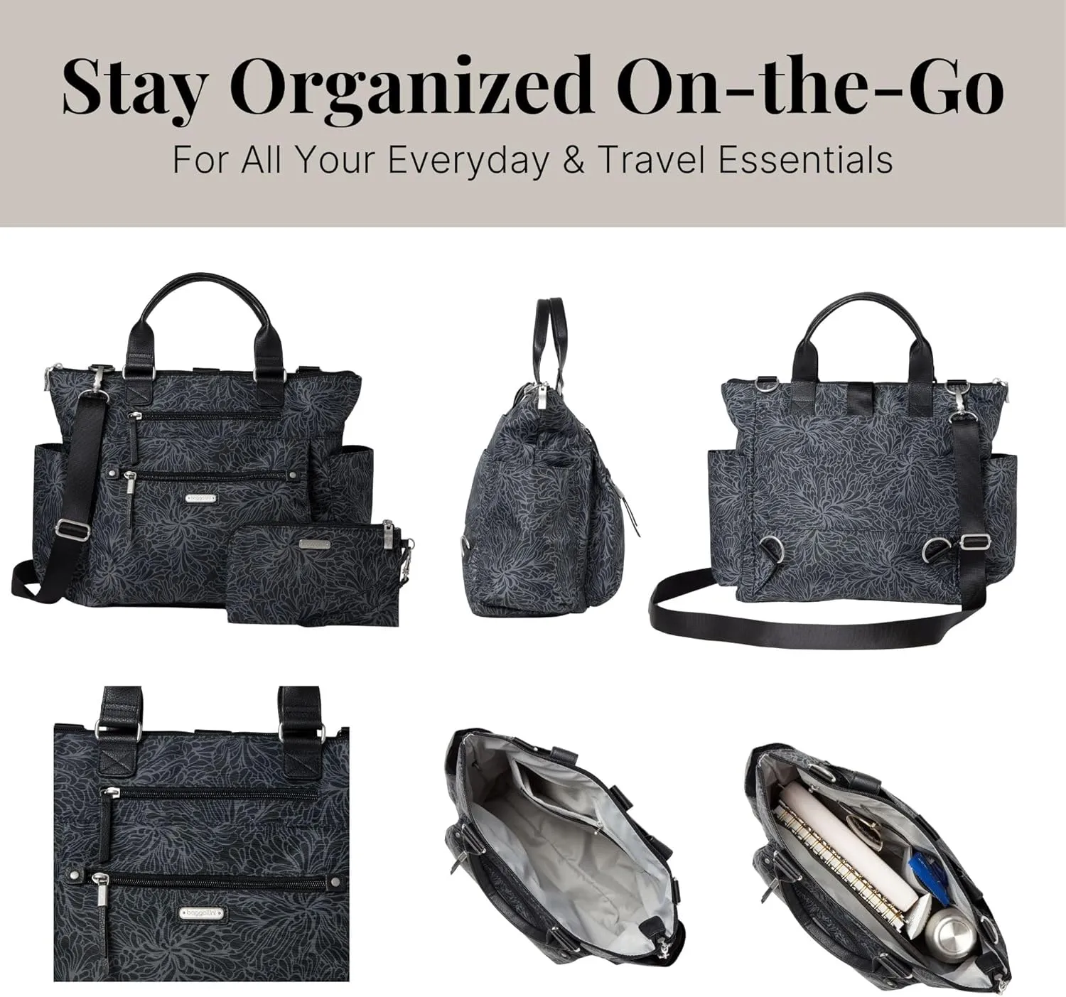 Baggallini 3-in-1 Convertible Backpack with RFID Phone Wristlet Midnight Blossom One Size