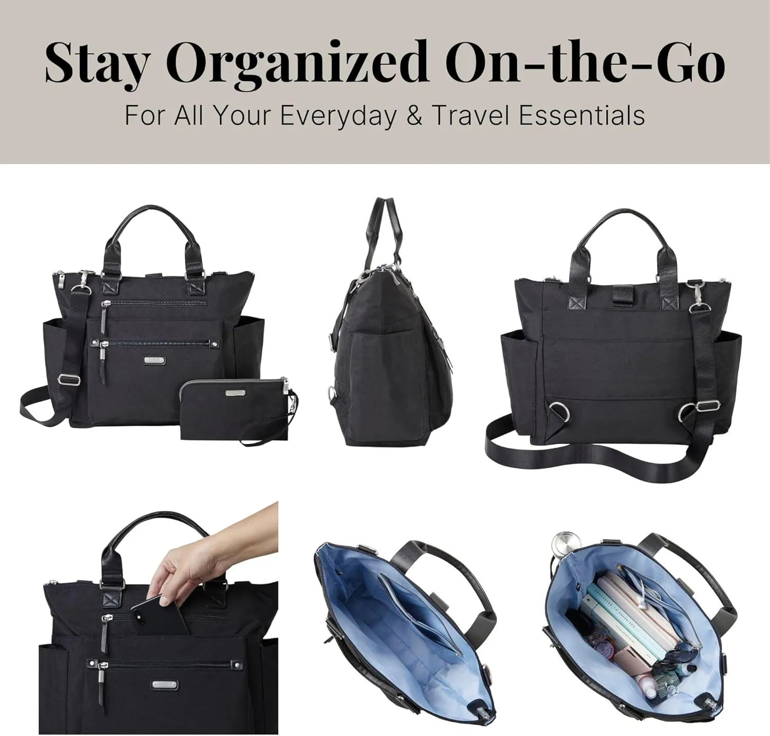 Baggallini Womens 3-in-1 Convertible Backpack With RFID Phone Wristlet, Black, One Size US