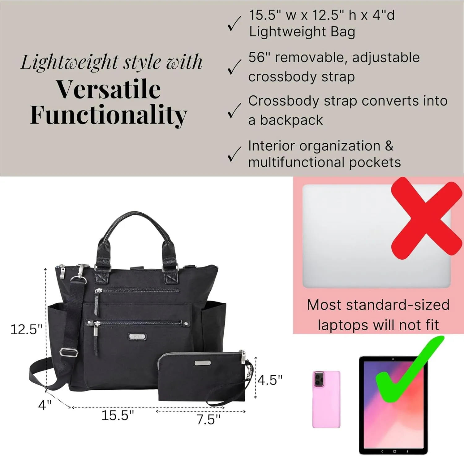 Baggallini Womens 3-in-1 Convertible Backpack With RFID Phone Wristlet, Black, One Size US