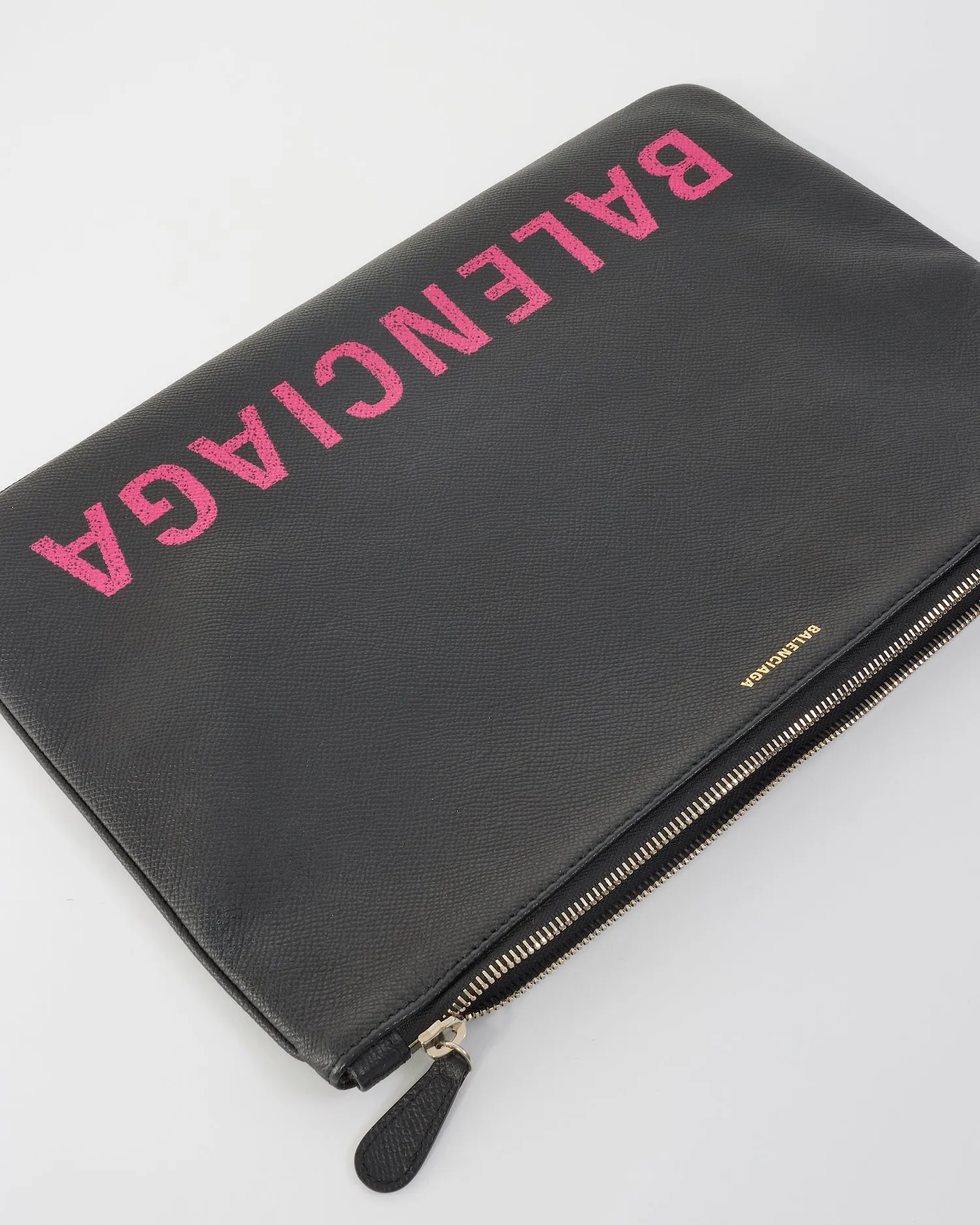 Balenciaga Black Leather Pink Logo Ville Zipper Pouch