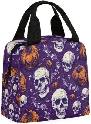 Bat Pumpkin Skull Lunch Bag Skull Skeleton Tote Lunch Bag Reusable Lunch Box Leakproof Cooler Bag