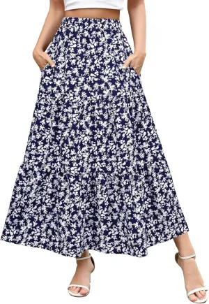 Berydress Long Skirts for Women with Pockets Trendy Elastic High Waist Flowy Swing A Line Ruffle Tiered Maxi Skirt