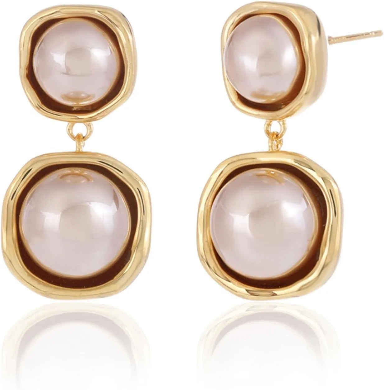 Bi&Yamigeo Pearl Dupe Drop Earrings for Women,Gold Plated Double Pearls Dangle Stud Earrings with Square Half Shells,Vintage Faux Pearl Dangling Jewelry for Wedding Prom