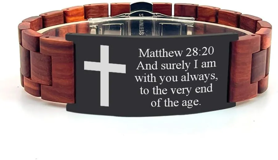 Bible Verses Cross Bracelets Luck 1:45 Ebony Wood/Red Sandalwood/Walnut Wood & Stainless Steel ID Wooden Bracelets Adjustable Bangle Jewelry Gifts for Men - 8.26in