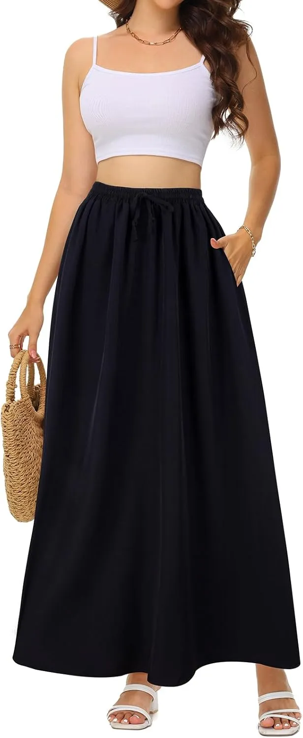 BLEVONH Casual Flowy Maxi Skirts for Women 2024 Autumn and Winter High Waisted Elastic Long Skirts