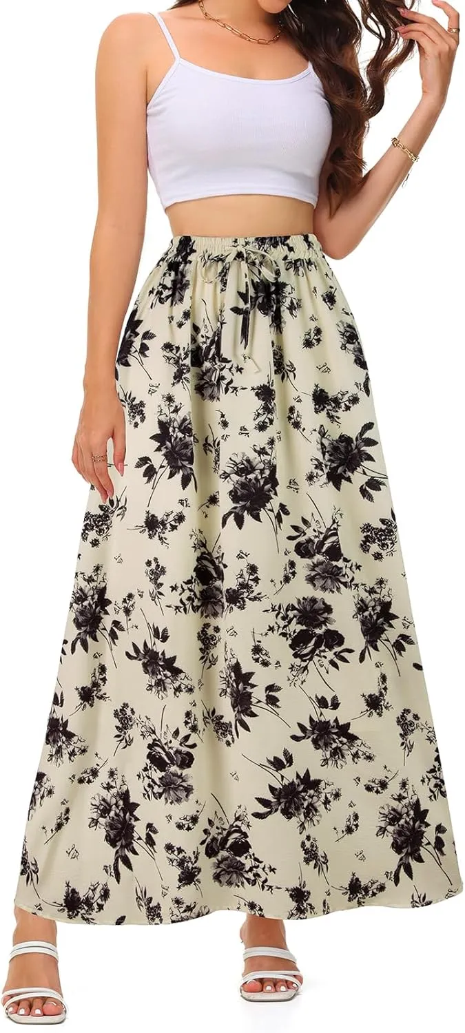 BLEVONH Casual Flowy Maxi Skirts for Women 2024 Autumn and Winter High Waisted Elastic Long Skirts