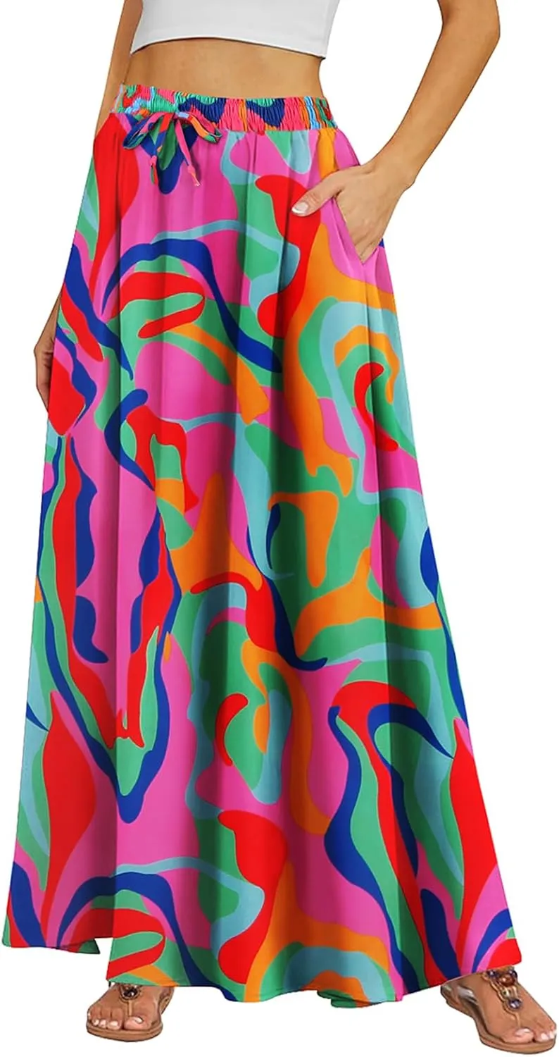 BLEVONH Casual Flowy Maxi Skirts for Women 2024 Autumn and Winter High Waisted Elastic Long Skirts
