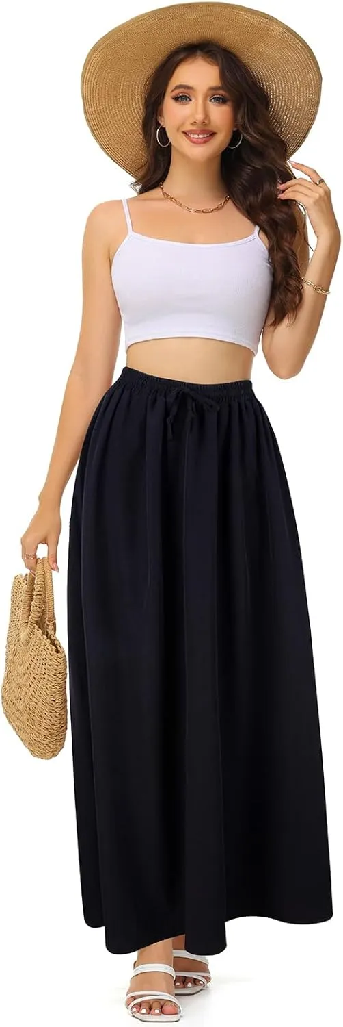 BLEVONH Casual Flowy Maxi Skirts for Women 2024 Autumn and Winter High Waisted Elastic Long Skirts