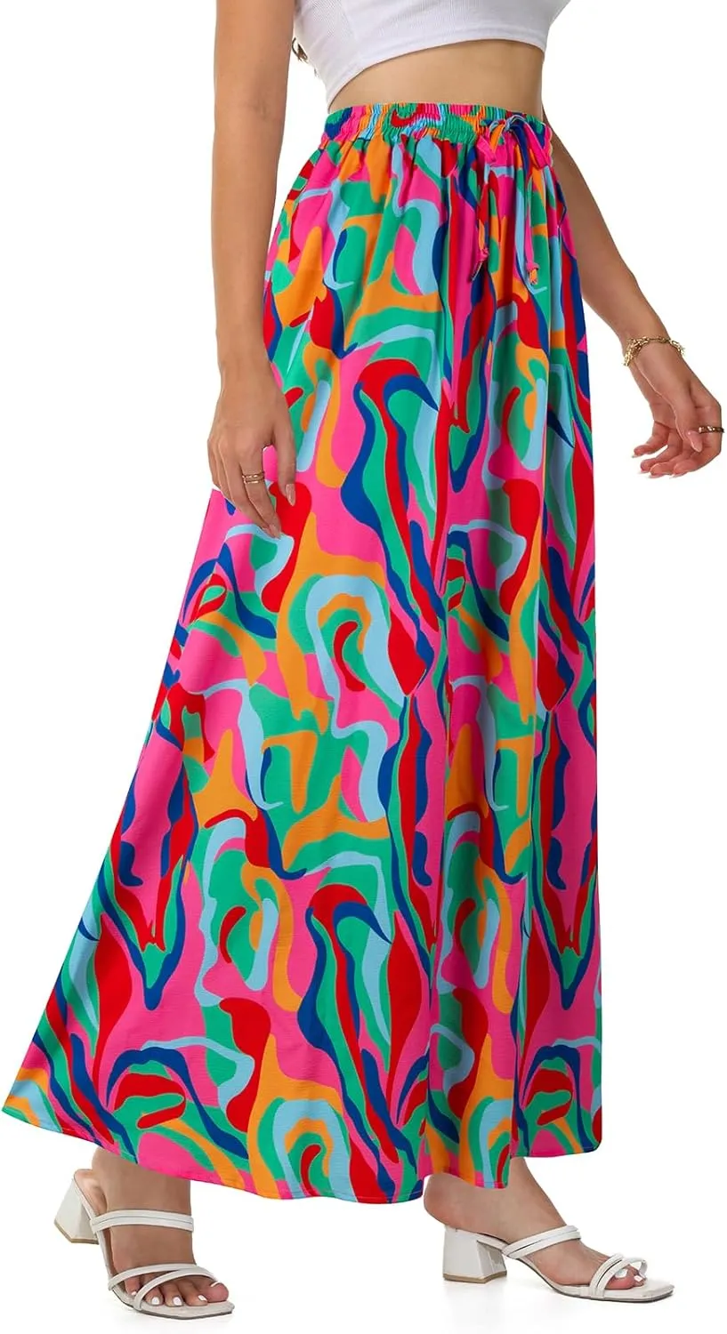 BLEVONH Casual Flowy Maxi Skirts for Women 2024 Autumn and Winter High Waisted Elastic Long Skirts